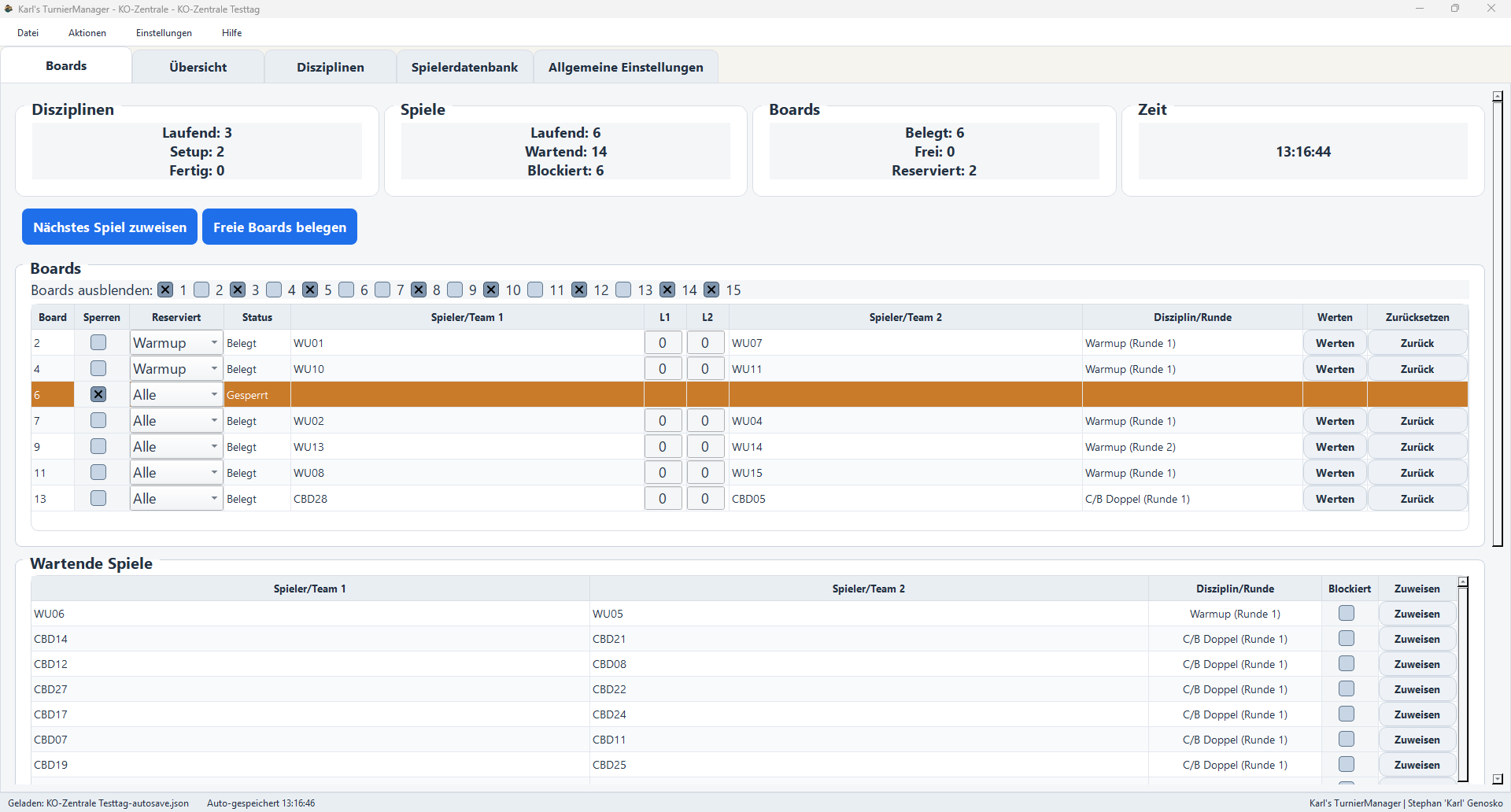 Dart Turniersoftware mit Turnierzentrale, Boards und wartenden Spielen
